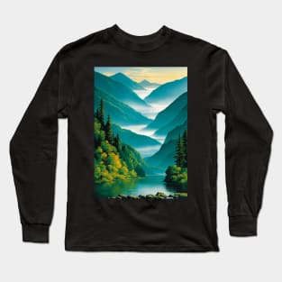 Lake with a Misty Valley In the Background Long Sleeve T-Shirt